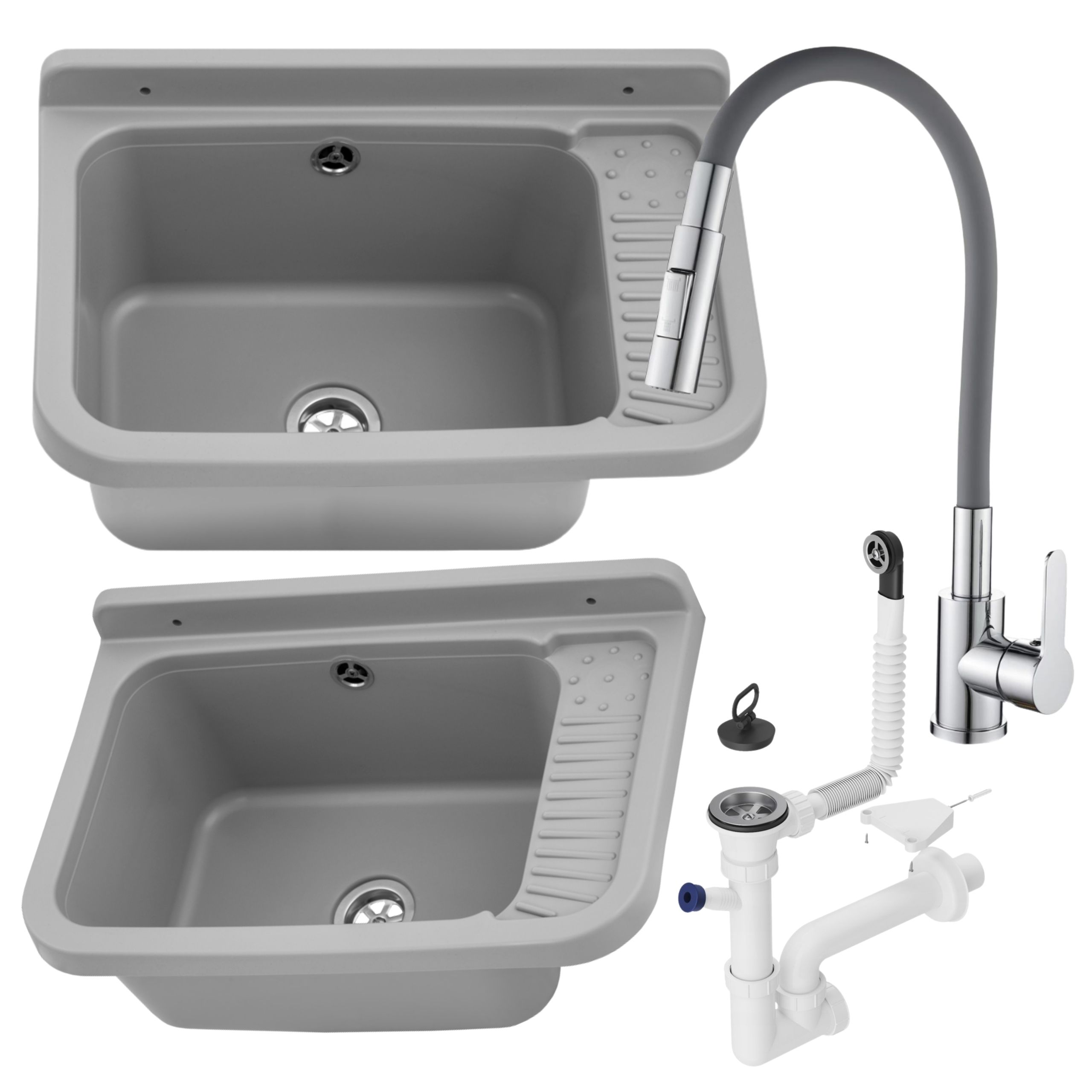 Zlewozmywak gospodarczy GRADIA SZARY Bateria stojąca FLEX elastyczna dwufunkcyjna wylewka