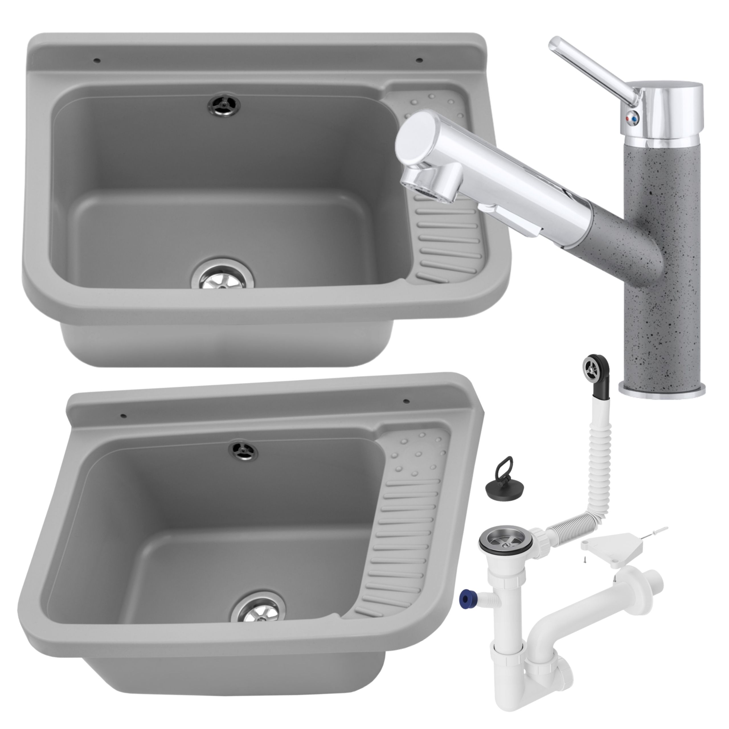 Zlewozmywak gospodarczy GRADIA SZARY Bateria CADO SZARA z wyciąganą wylewką