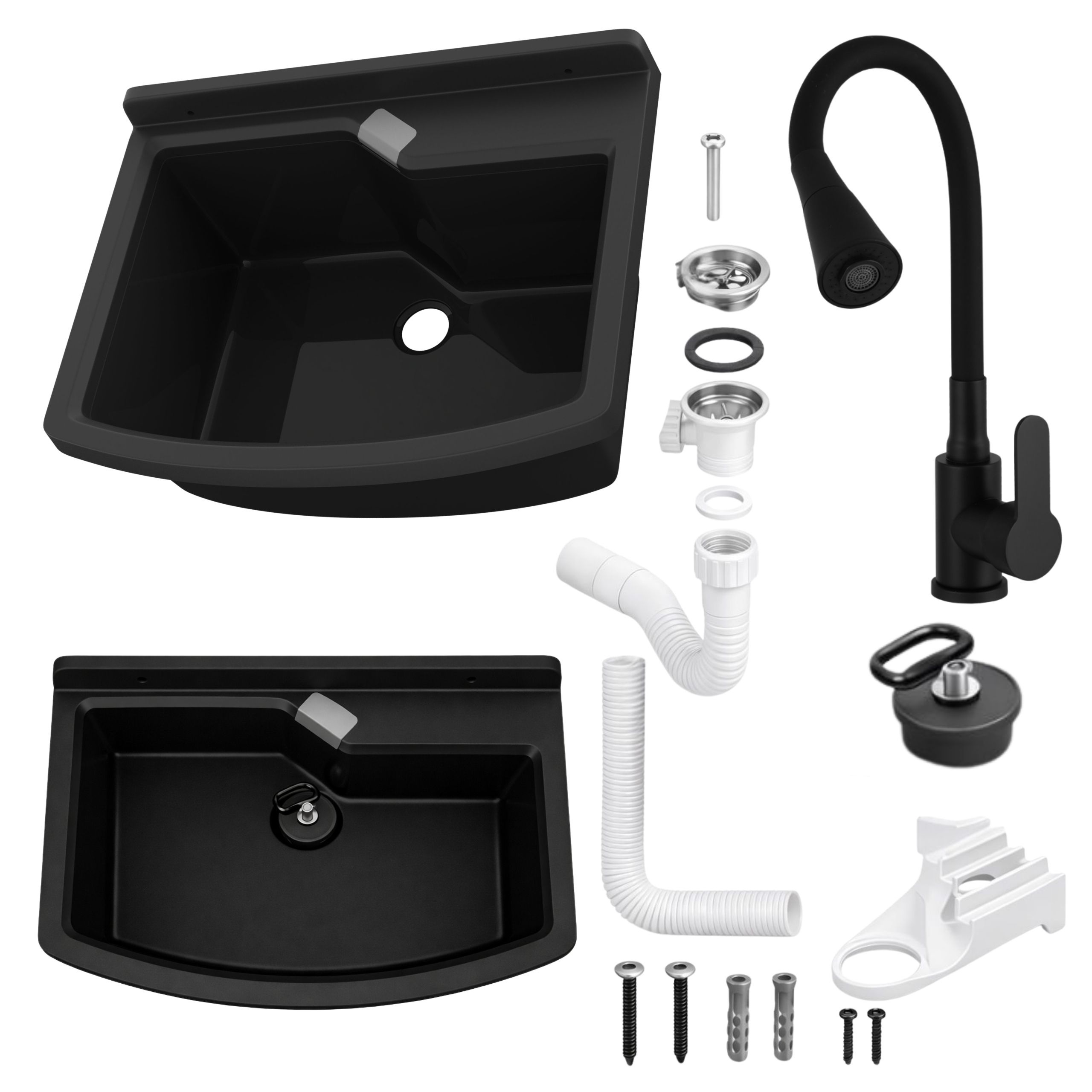 Zlewozmywak gospodarczy LIRA 60 cm CZARNY Bateria stojąca FLEX elastyczna wylewka czarna