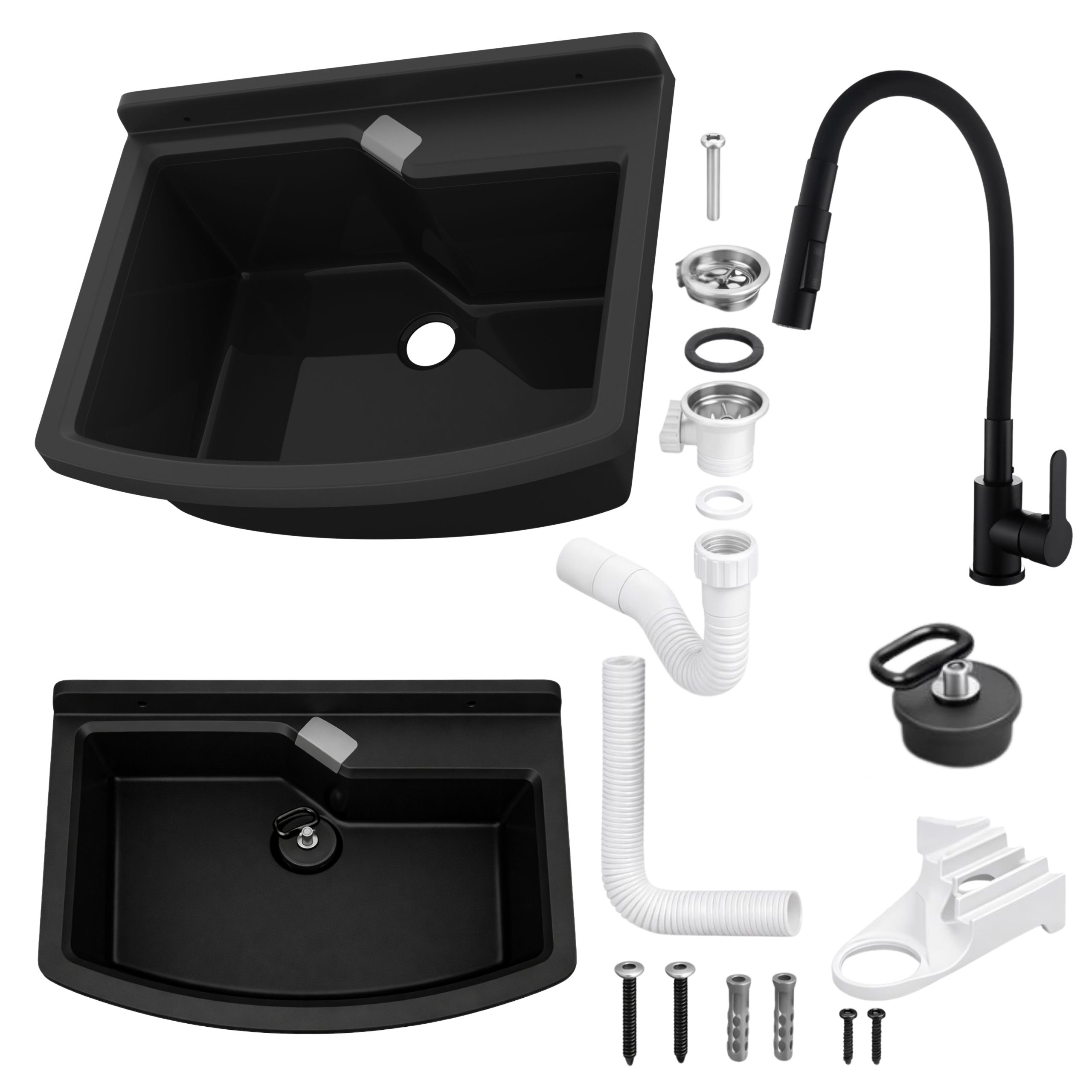 Zlewozmywak gospodarczy LIRA 60 cm CZARNY Bateria stojąca FLEX elastyczna dwufunkcyjna wylewka