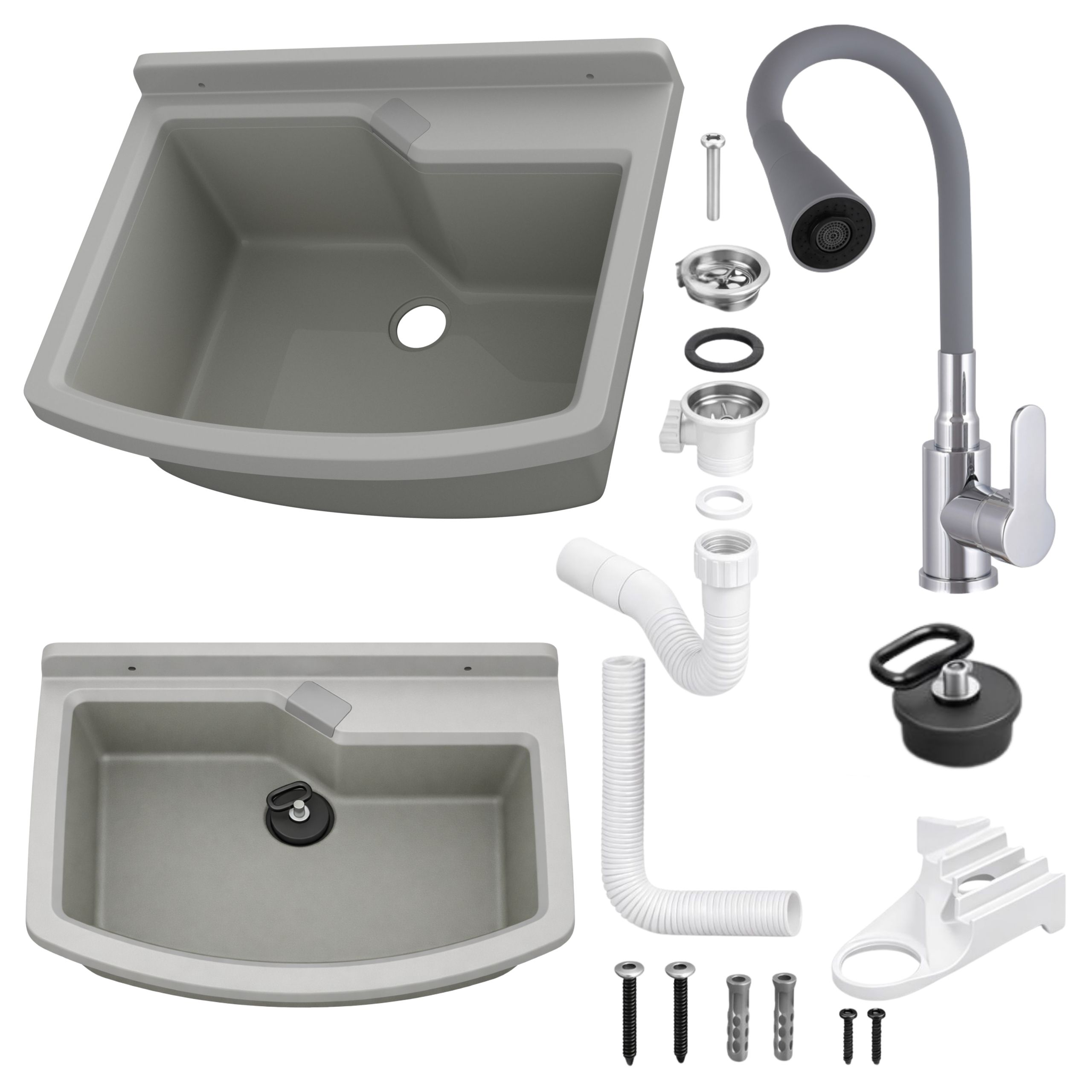 Zlewozmywak gospodarczy LIRA 60 cm SZARY Bateria stojąca FLEX elastyczna wylewka szara