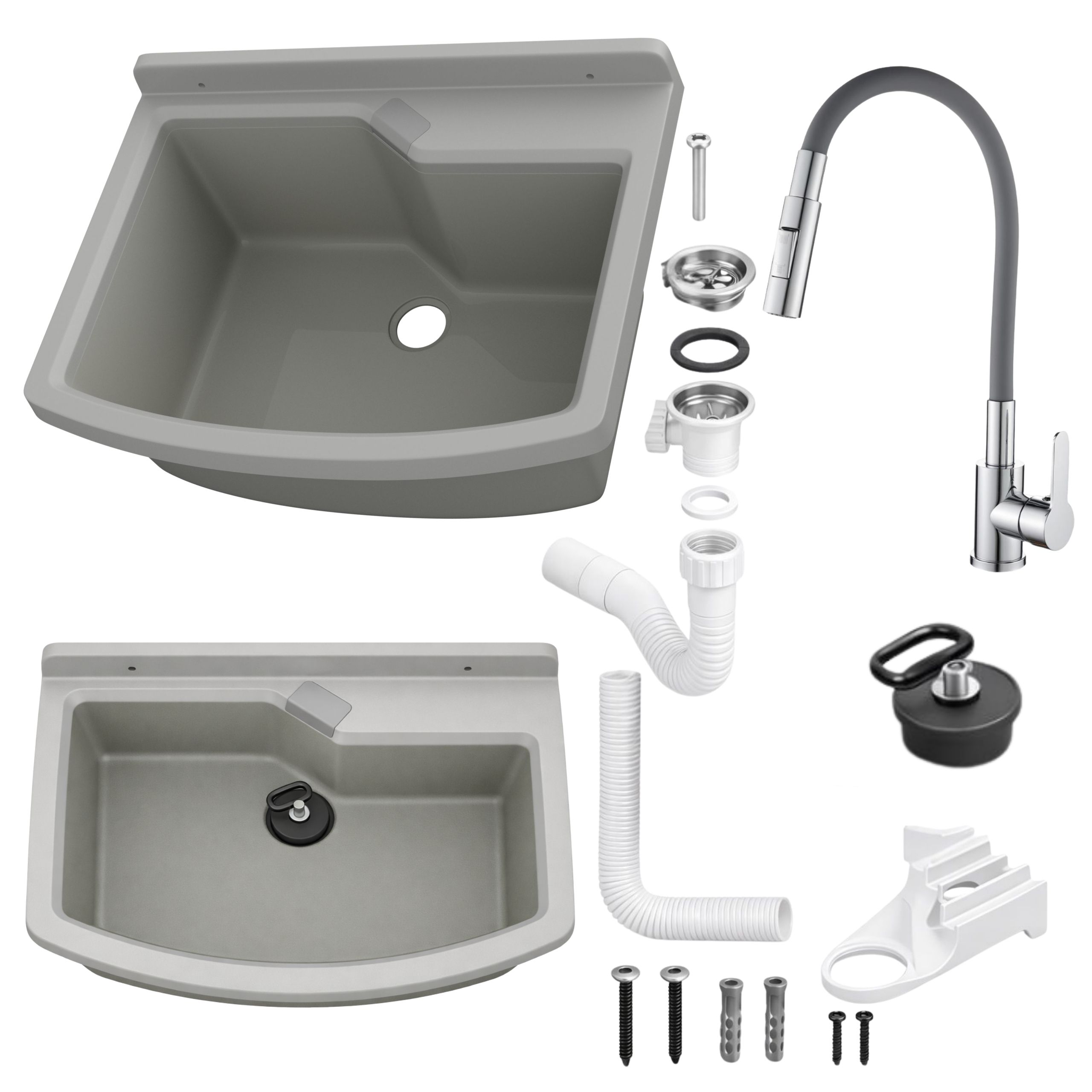 Zlewozmywak gospodarczy LIRA 60 cm SZARY Bateria stojąca FLEX elastyczna dwufunkcyjna wylewka