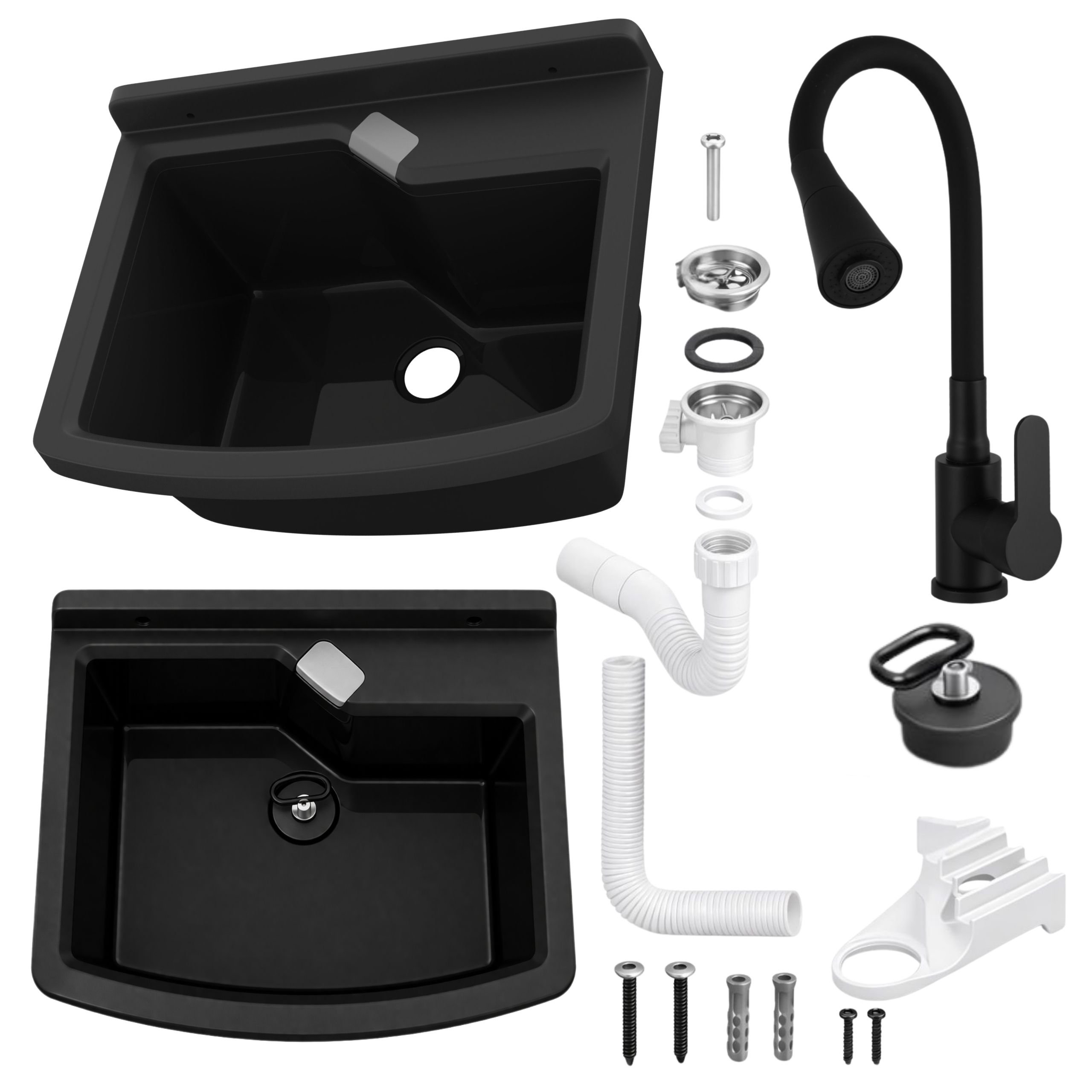 Zlewozmywak gospodarczy LIRA 50 cm CZARNY Bateria stojąca FLEX elastyczna wylewka czarna