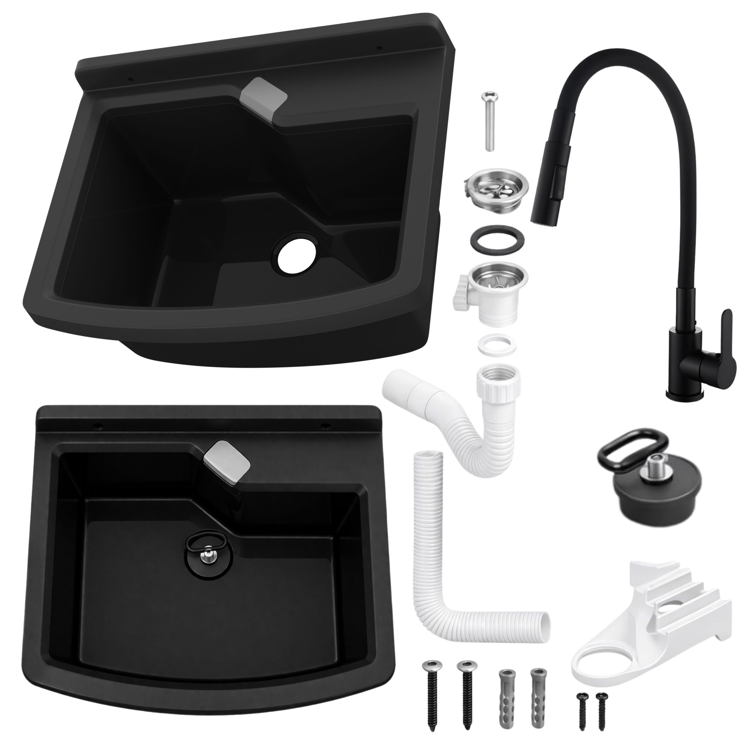 Zlewozmywak gospodarczy LIRA 50 cm CZARNY Bateria stojąca FLEX elastyczna dwufunkcyjna wylewka