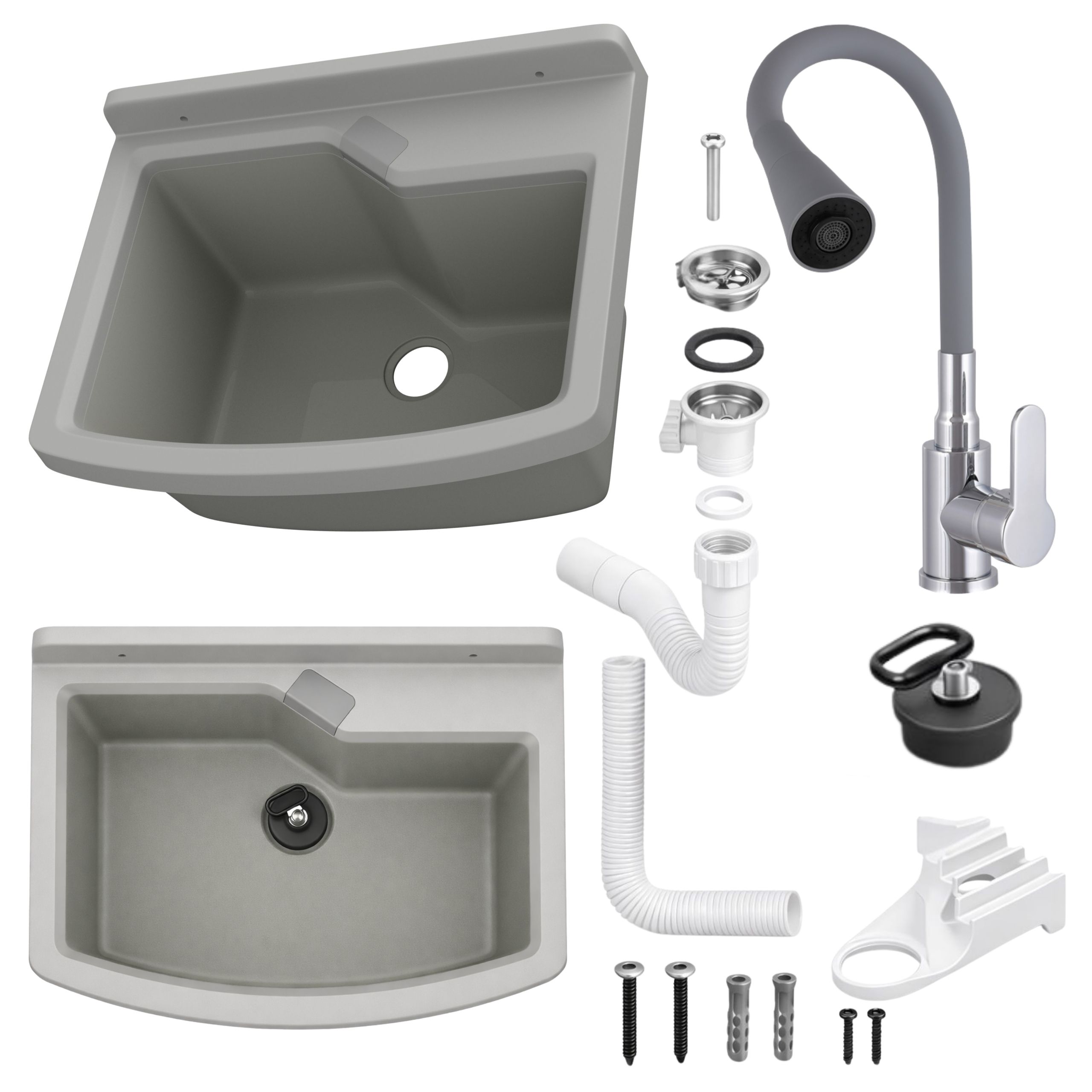 Zlewozmywak gospodarczy LIRA 50 cm SZARY Bateria stojąca FLEX elastyczna wylewka szara