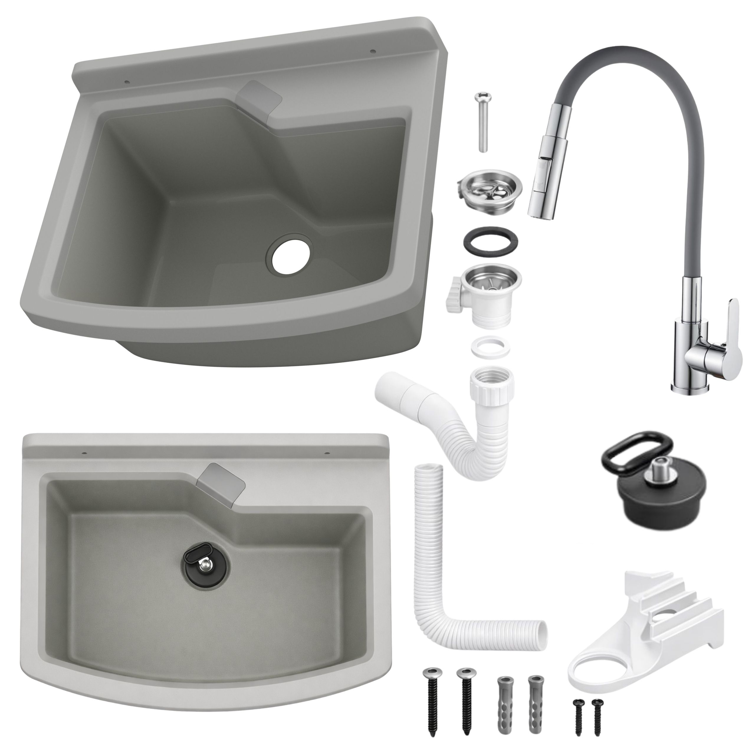 Zlewozmywak gospodarczy LIRA 50 cm SZARY Bateria stojąca FLEX elastyczna dwufunkcyjna wylewka