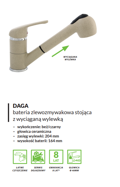 Bateria kuchenna LAVEO Daga beżowa z wyciąganą wylewką