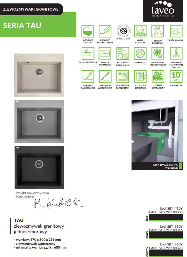 Rysunek techniczny zlewozmywaka granitowego LAVEO Tau