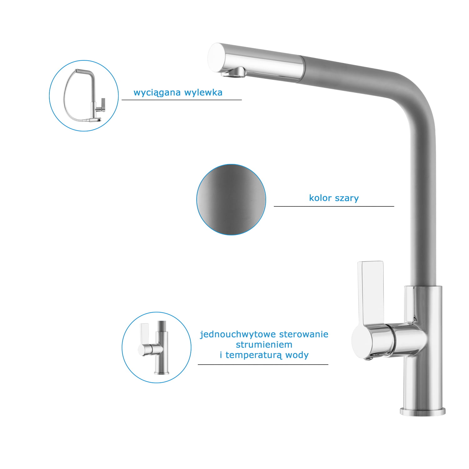 Bateria kuchenna z wyciąganą wylewką SIDE GRANIT SZARA LAVRE